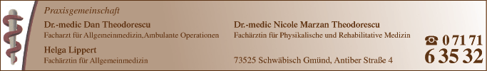 Anzeige Theodorescu Dan Dr.medic, Facharzt für Allgemeinmedizin u. Nicole Dr.medic. Physikalische / Rehabilitative Medizin