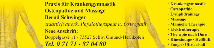 Anzeige Praxis für Krankengymnastik - Osteopathie und Massage ,Bernd Schwinger