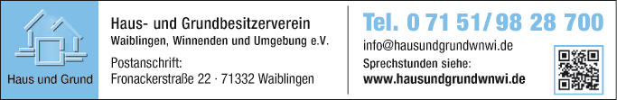 Anzeige Haus- und Grundbesitzerverein Waiblingen, Winnenden u. Umgebung e.V.
