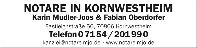 Anzeige NOTARE IN KORNWESTHEIM Notarin Karin Mudler-Joos & Notar Fabian Oberdorfer