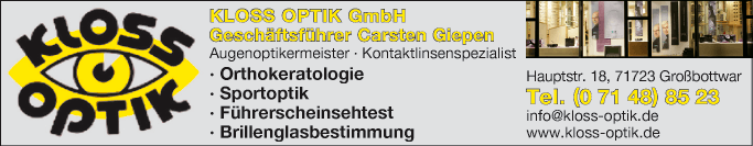 Anzeige Kloss Optik GmbH Geschäftsf. Carsten Giepen