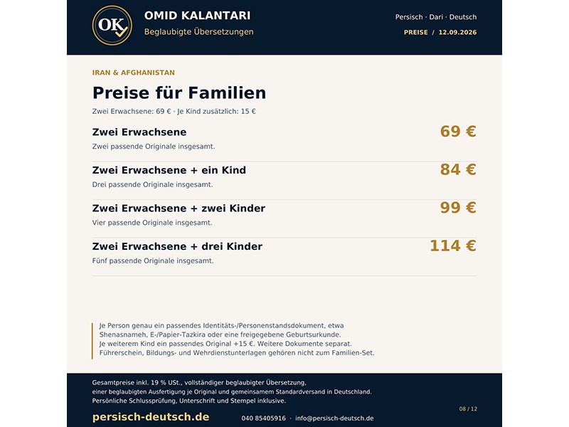 Familien: 69 € Grundpreis + 15 € je Kind